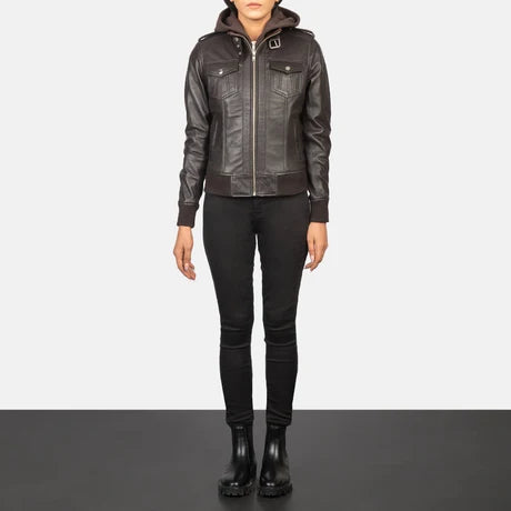 women's dark brown leather bomber jacket