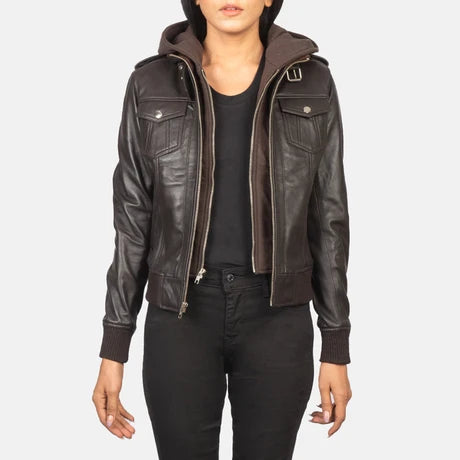 women's brown leather streetwear bomber jacket
