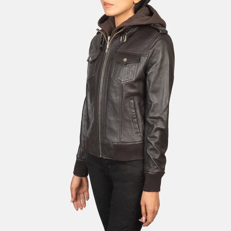 Women's Brown Genuine Leather Hooded Bomber Jacket