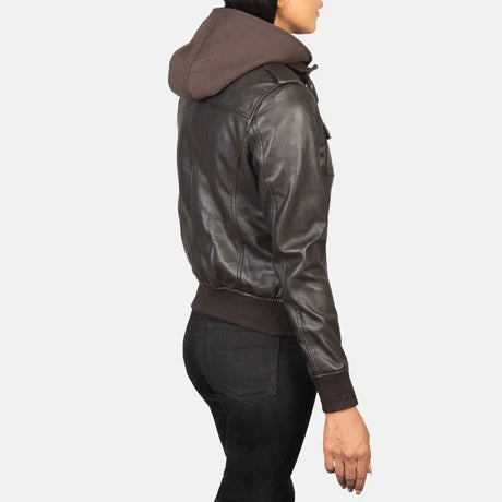 Brown Hooded Leather Bomber Jacket