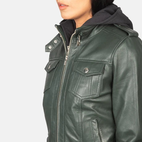 women's dark green leather hooded bomber jacket