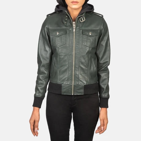 women's dark green leather bomber jacket