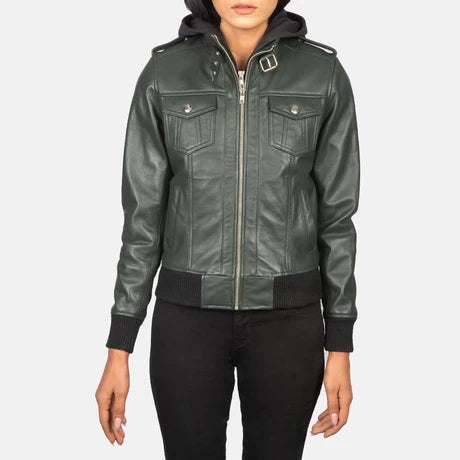 Women's Brown Genuine Leather Hooded Jacket