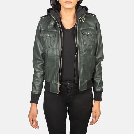 Women's Brown Genuine Leather Hooded Jacket
