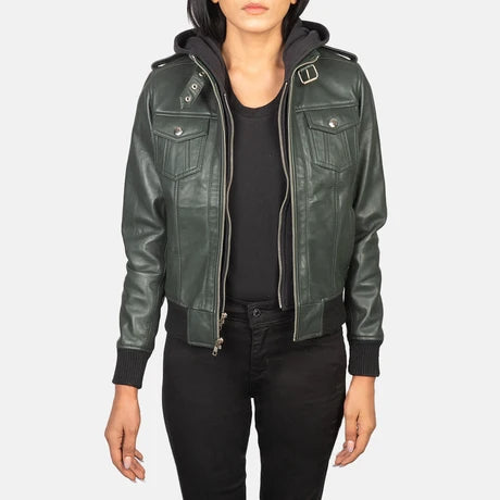 women's forest green leather bomber jacket