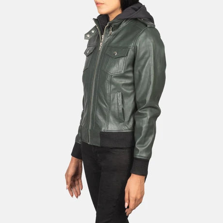 Women's Dark Green Genuine Leather Hooded Bomber Jacket