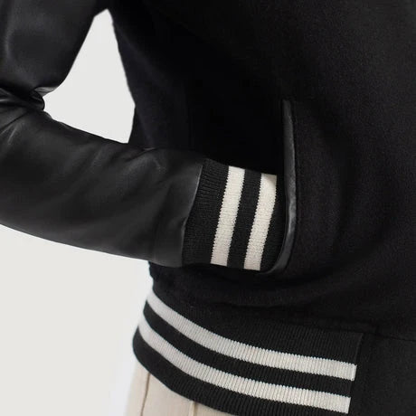 women's black wool body black leather sleeve varsity jacket