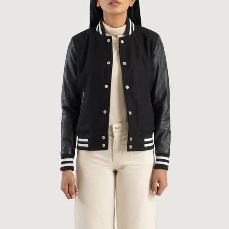 Women's Black Leather Sleeve Varsity Letterman Jacket