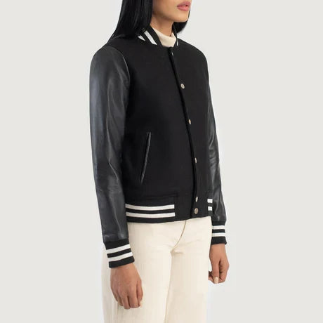 women's black varsity jacket with leather 