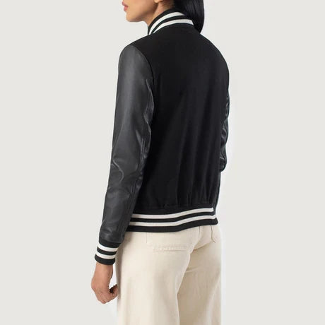 Women's Black Leather Sleeve Varsity Jacket 