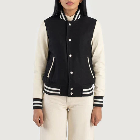 Women's Black and Cream Varsity Jacket 