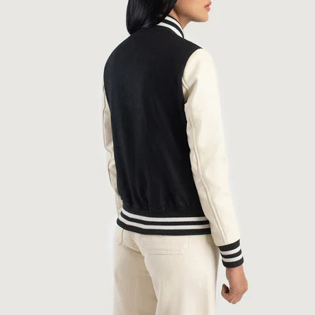 women's black and cream varsity jacket