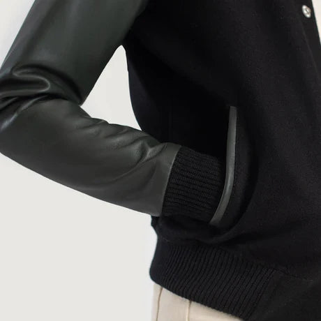 Women's Cream Brown Leather Varsity Jacket