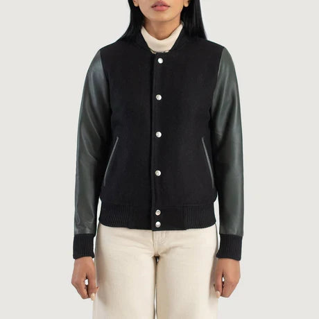 women's black wool body black leather sleeve bomber jacket