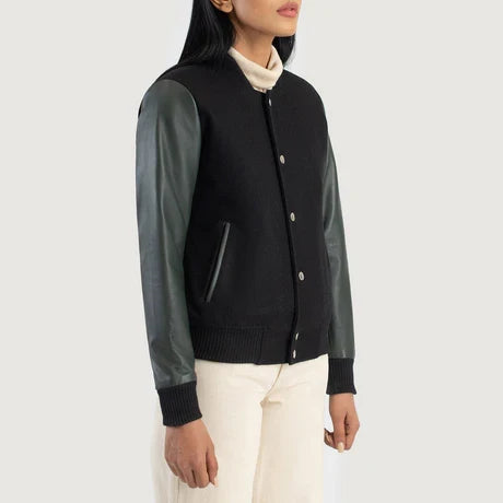 Women's Black Leather Sleeve Bomber Jacket