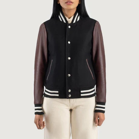 Women's Black Burgundy Leather Sleeve Varsity Jacket