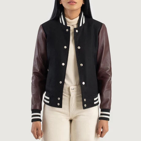 Women's Black and Burgundy Leather Sleeve Varsity Jacket