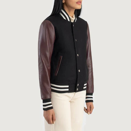 women's black wool body burgundy leather sleeve varsity jacket