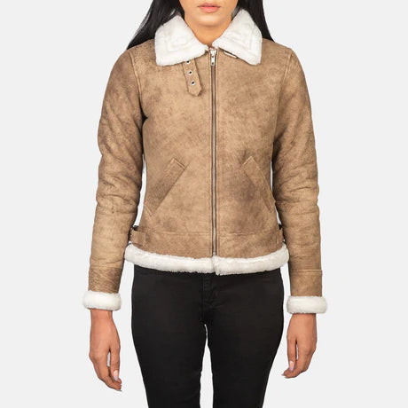 Women's Tan Aviator Shearling Jacket with White Faux Fur Collar