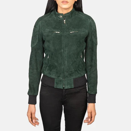 Women's Forest Green Suede Bomber Jacket 
