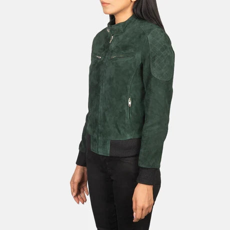 women's forest green suede bomber jacket 