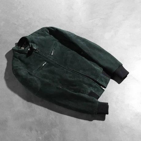 Women's Forest Green Suede Bomber Leather Jacket with Ribbed Hem