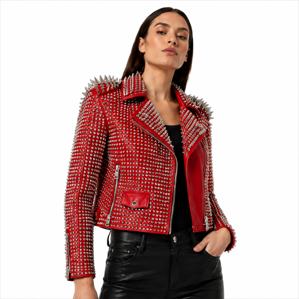 Red Spiked Punk Rock Leather Jacket