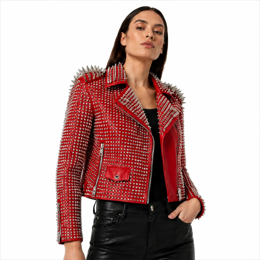 women's red leather biker jacket