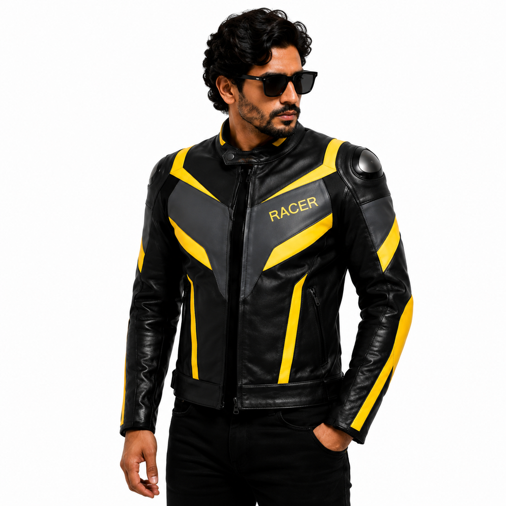 Men's Black & Yellow Racer Leather Jacket