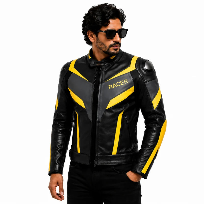 Men's Black Yellow Racer Leather Jacket Sport Bike Streetwear Outfit