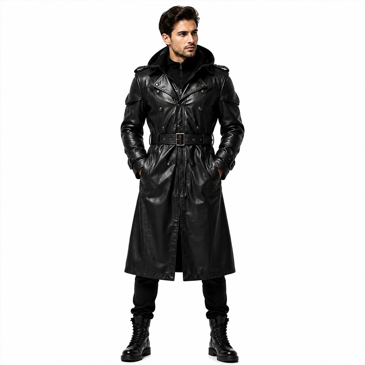 Men's Black Hooded Genuine Leather Trench Coat Front View