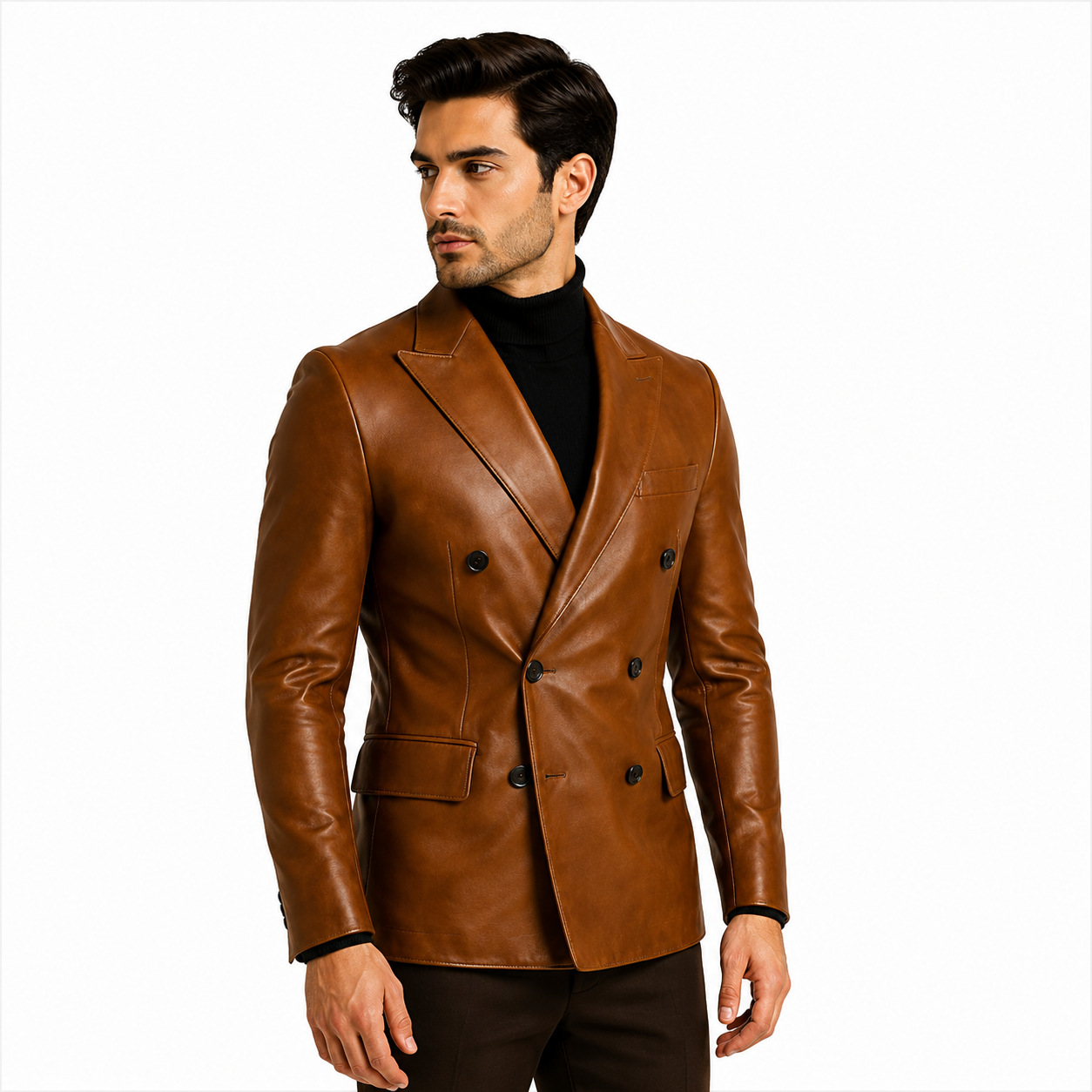 Genuine Leather Blazer Detail Cognac Brown Peak Lapel