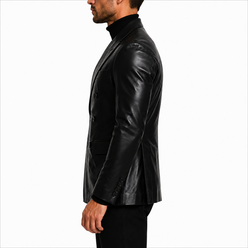 Slim Fit Black Leather Blazer Side Profile