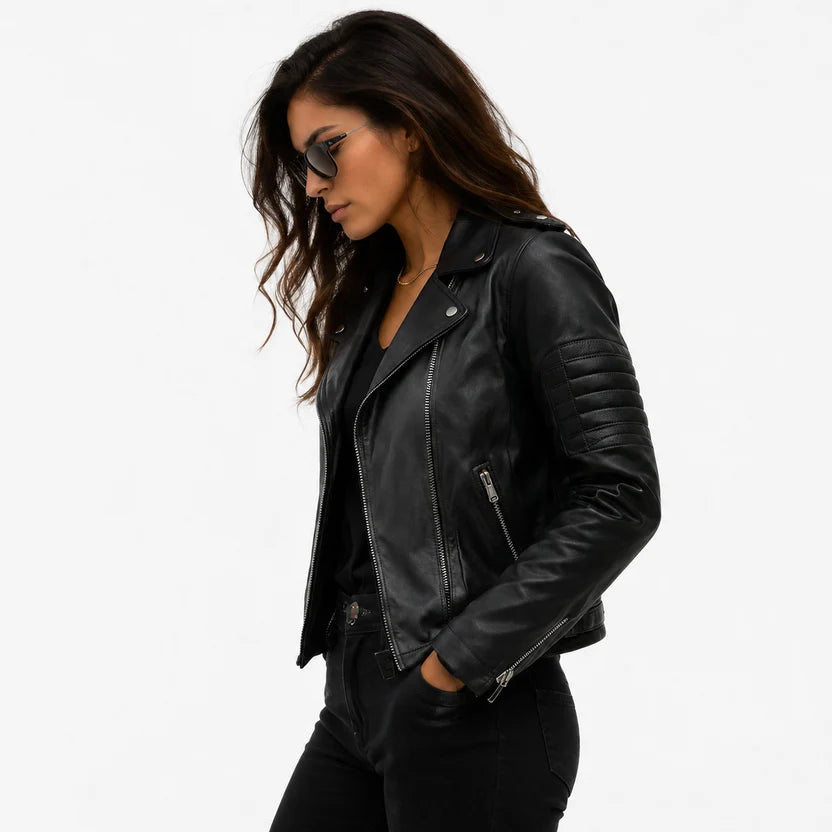 women's black genuine leather moto jacket