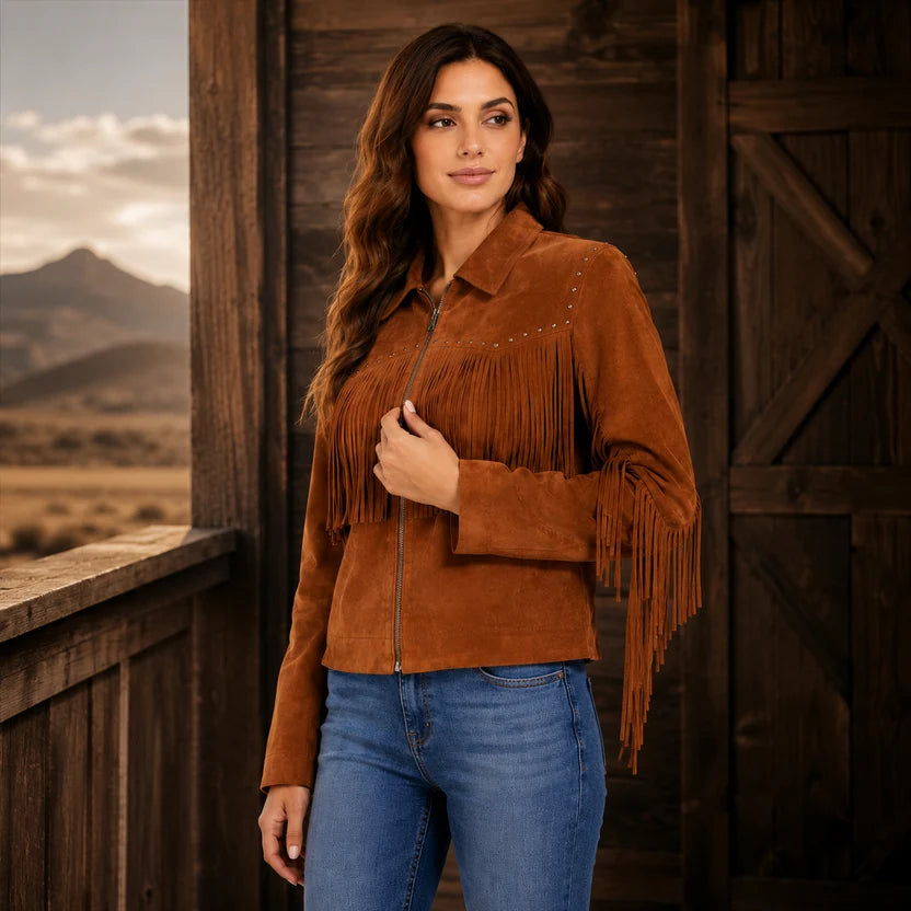 Women's Cognac Brown Suede Fringe Studded Western Jacket