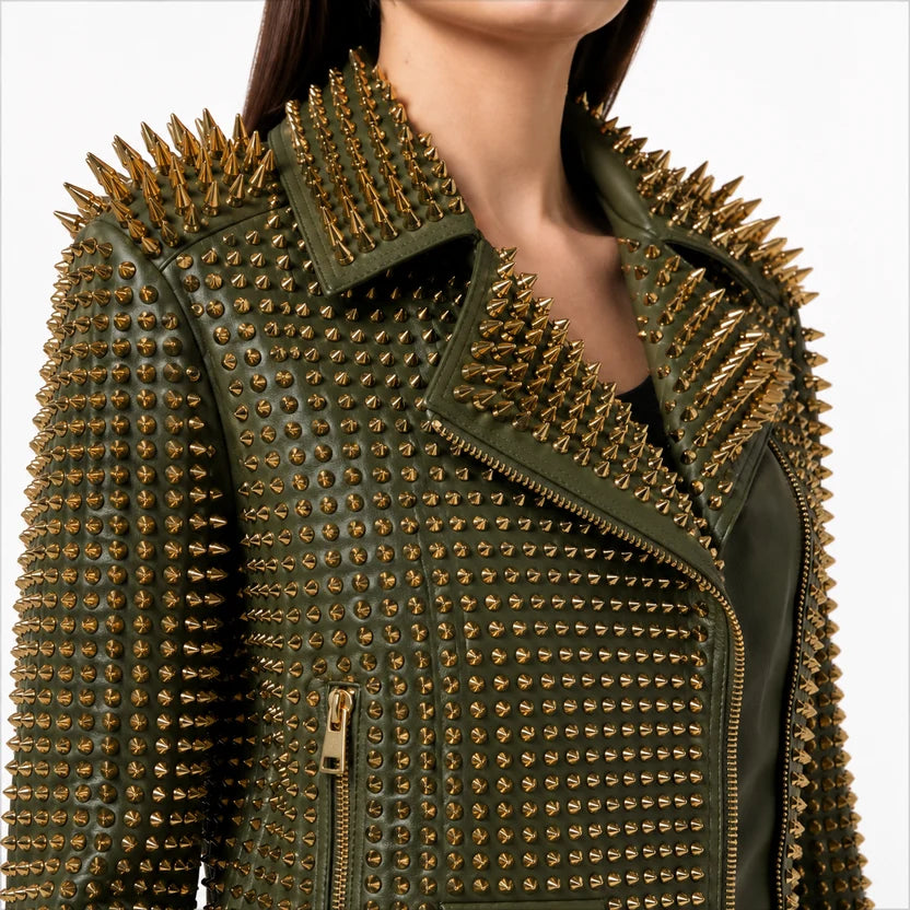 women's olive green studded leather biker jacket with spike shoulders