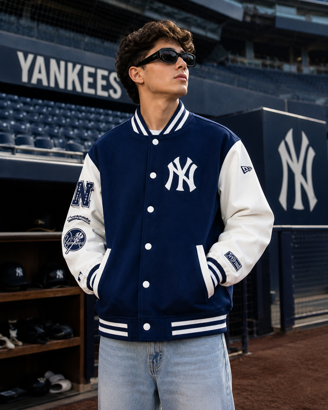  Navy Blue and White New York Yankees Varsity Jacket with NY Logo