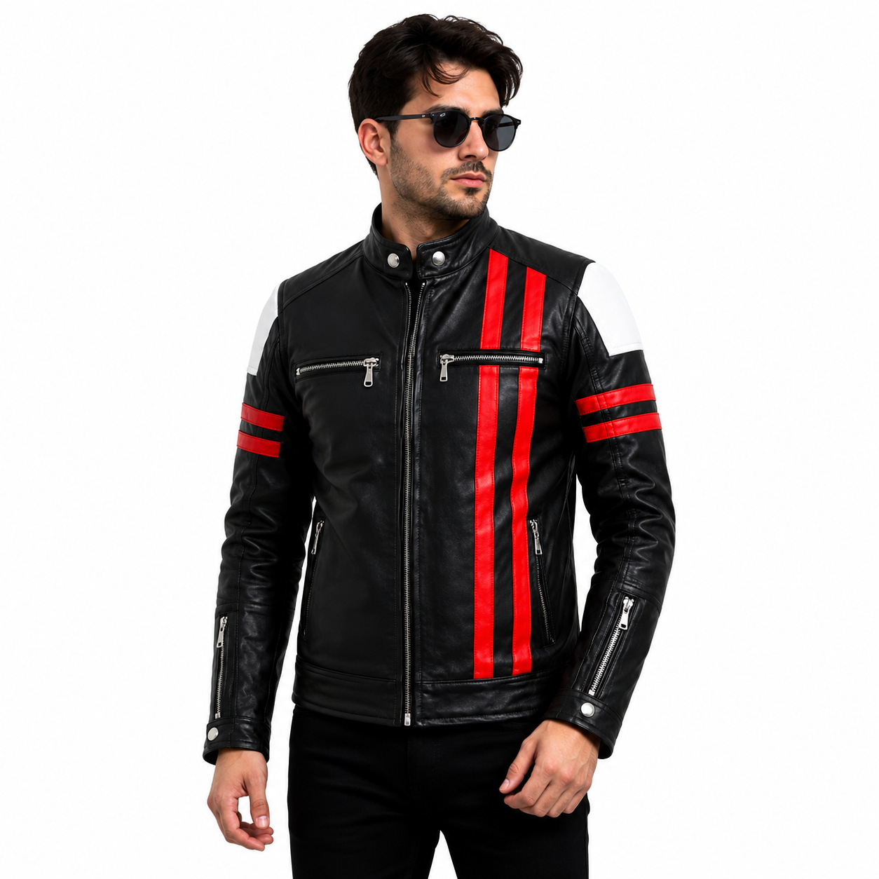 Men's Black Red Racing Stripe Genuine Leather Cafe Racer Jacket 