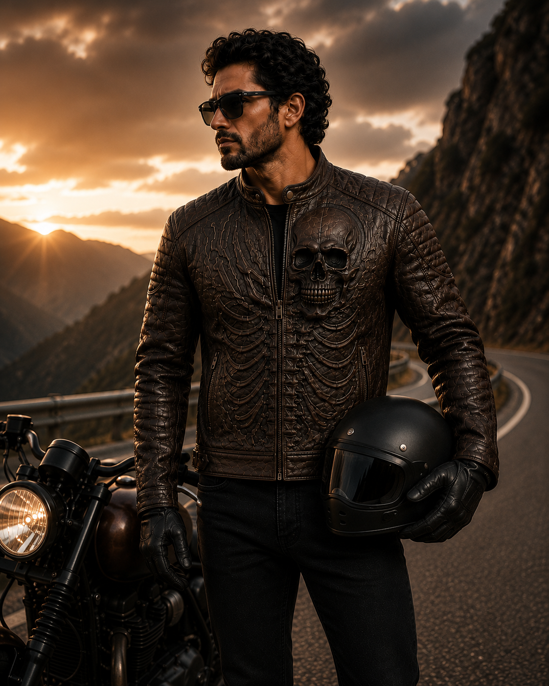 Men's Dark Brown Skull Embossed Biker Leather Jacket