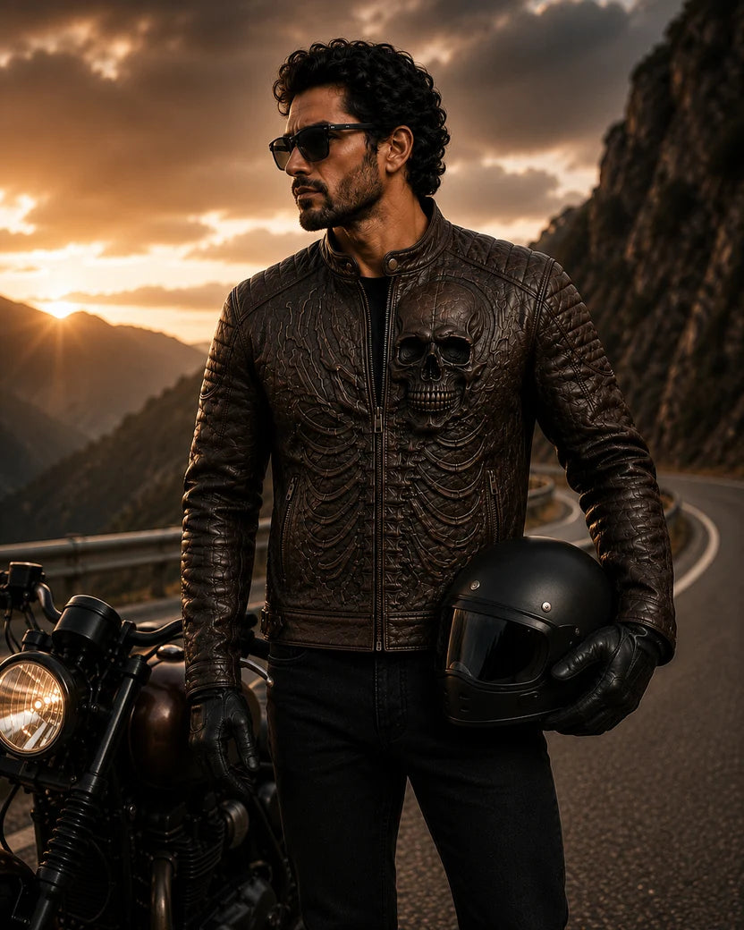 Men's Dark Brown Leather Jacket with 3D Embossed Skull and Skeleton Back Design