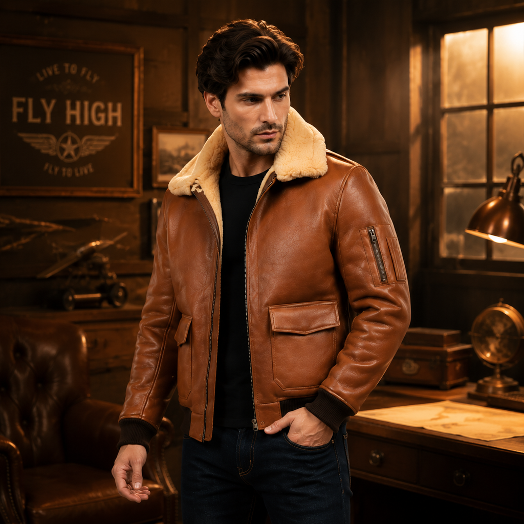 Men's tan brown leather aviator flight jacket