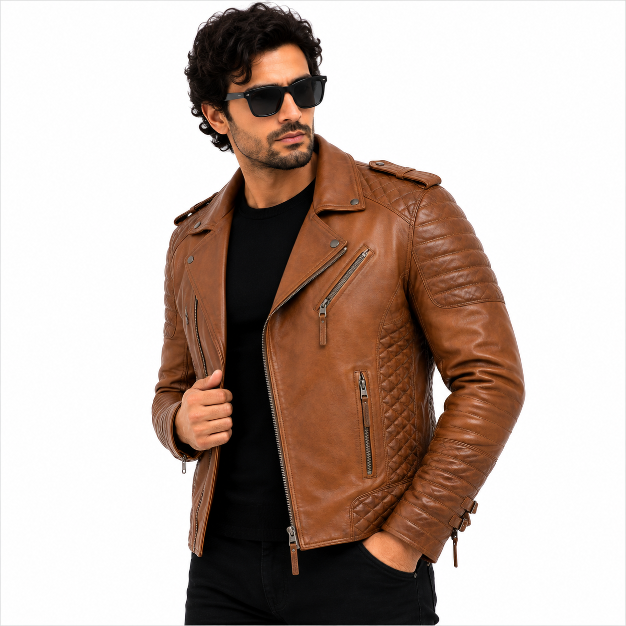 Men's Tan Brown Asymmetric Leather Biker Jacket