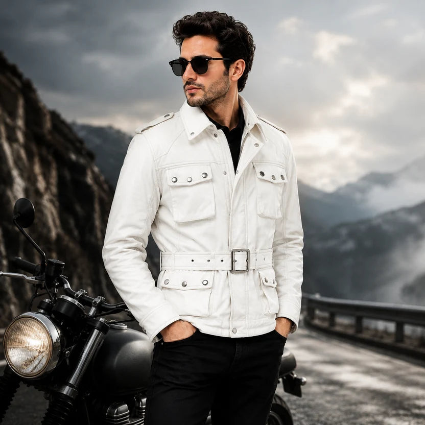 Men's White Genuine Leather Field Biker Jacket