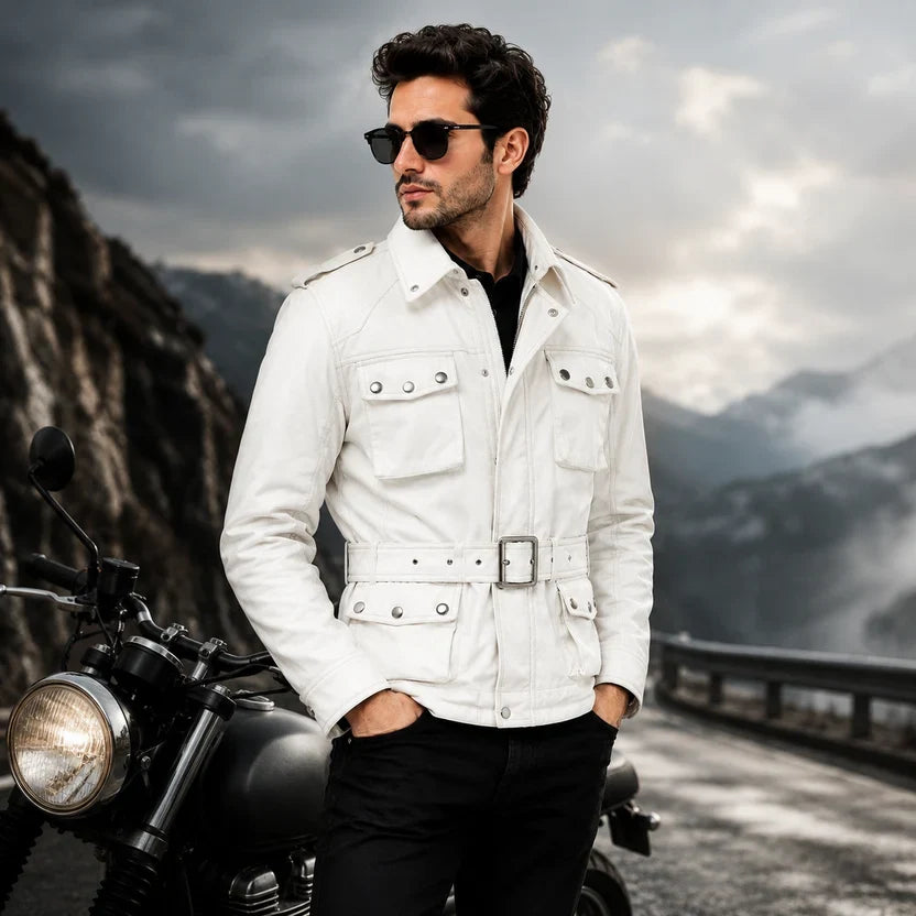 Men's Black Leather Military Field Jacket
