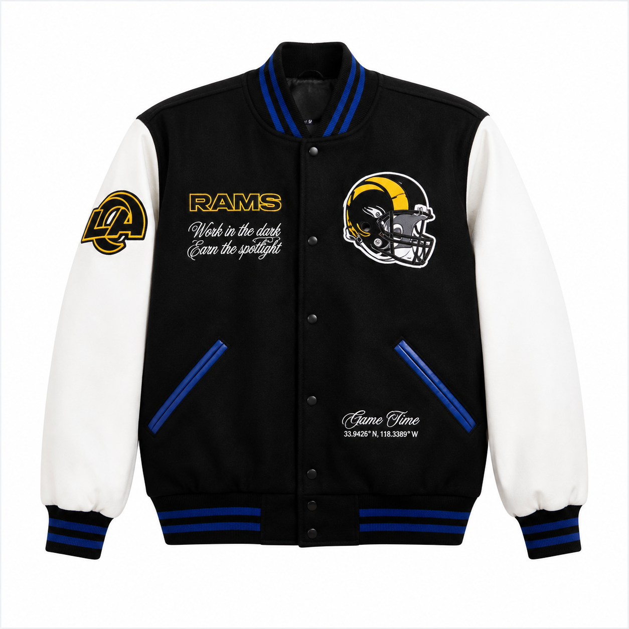Black and White Los Angeles Rams NFL Varsity Jacket with Helmet Logo