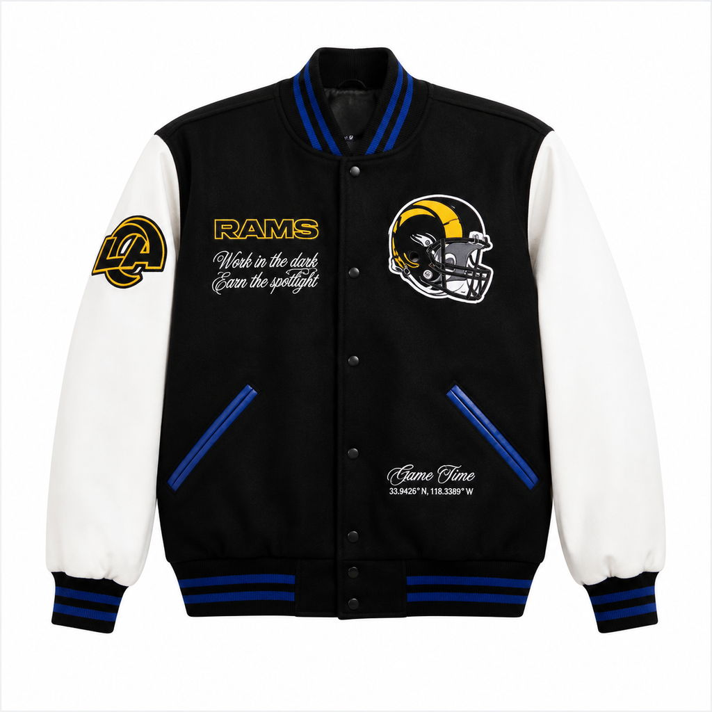 Black and White Los Angeles Rams NFL Varsity Jacket with Helmet Logo