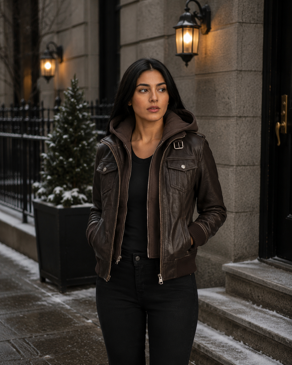 Women's Brown Leather Hooded Bomber Jacket