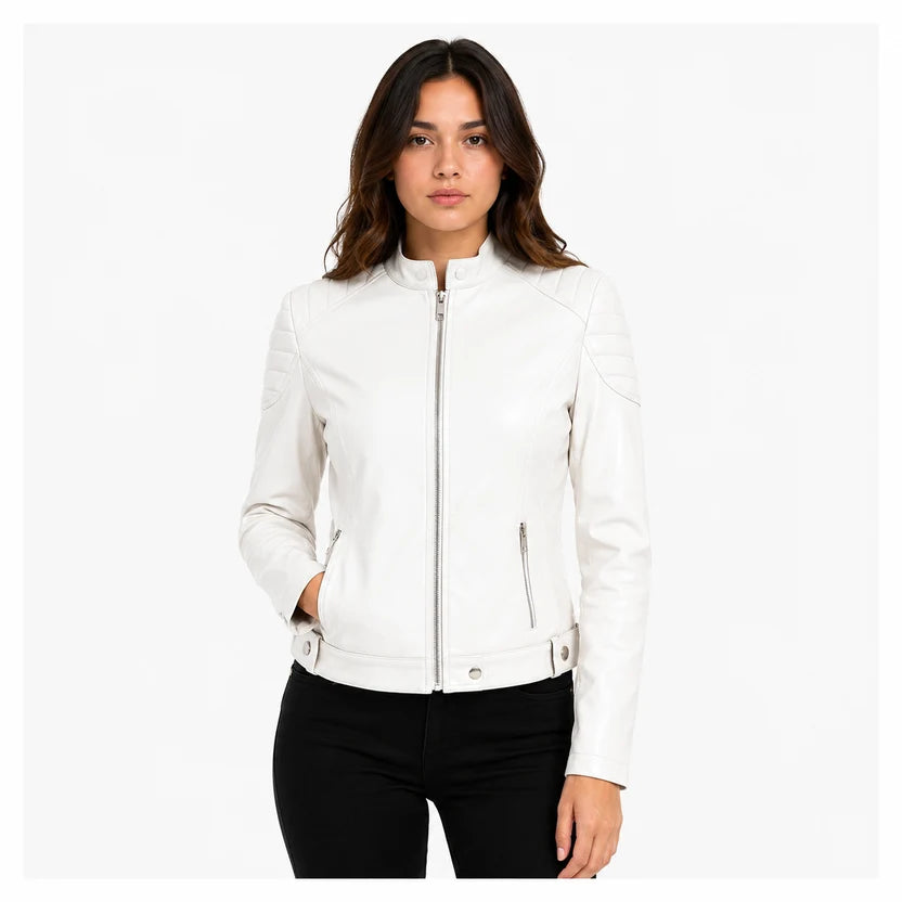 Women's White Genuine Leather Cafe Racer Jacket with Stand Collar