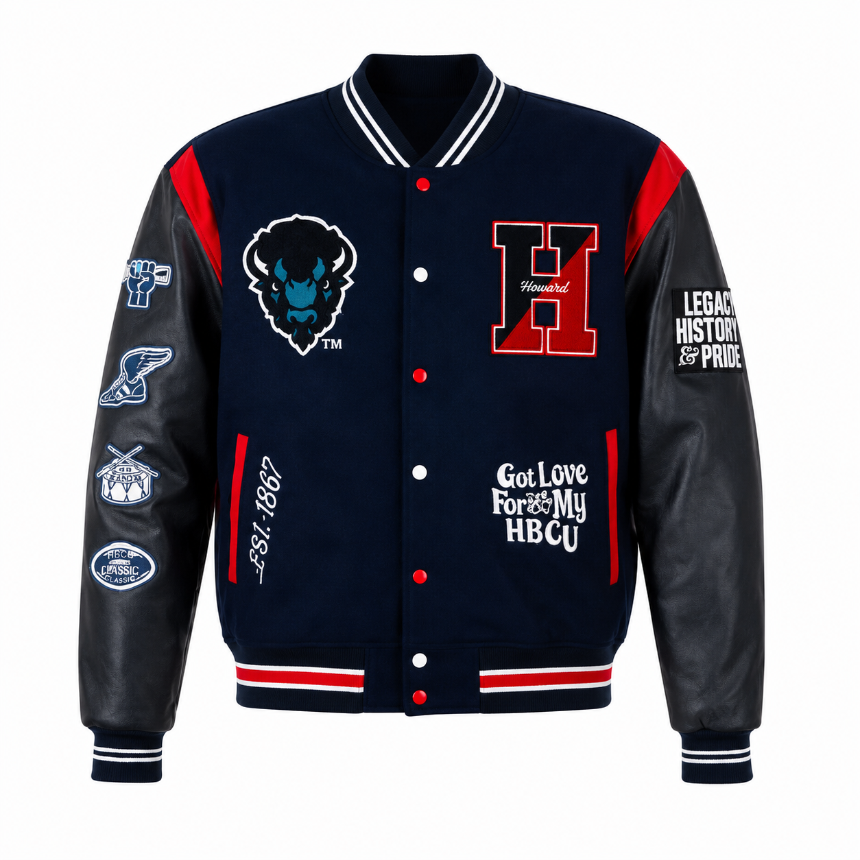  Navy Blue and Black Howard University HBCU Varsity Jacket with Buffalo Logo and Big H Patch