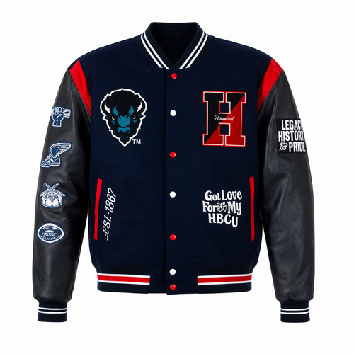 Navy Blue and Black Howard University HBCU Varsity Jacket with Buffalo Logo and Big H Patch